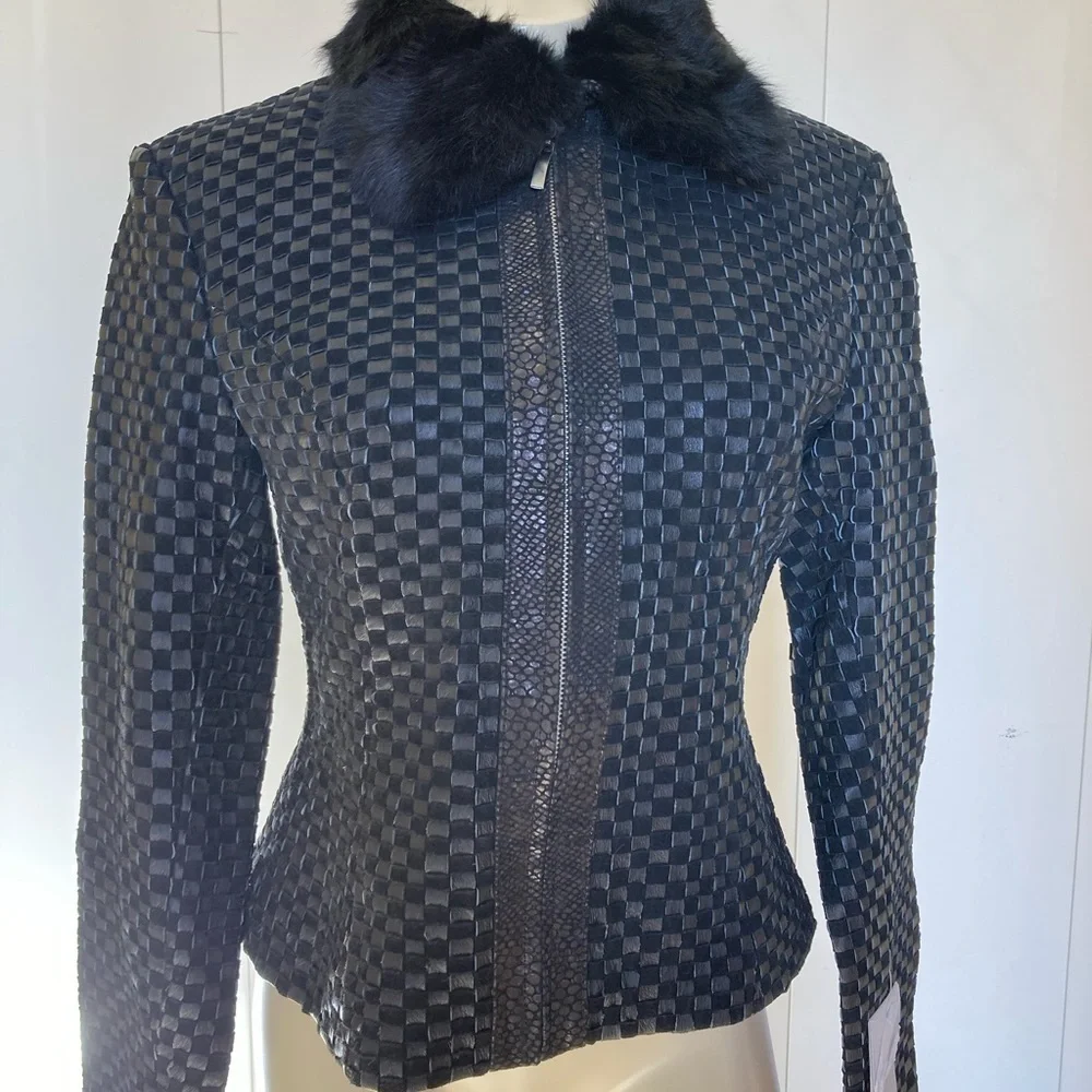 MARVIN RICHARDS weave/rabbit fur collar leather jacket SM NWT